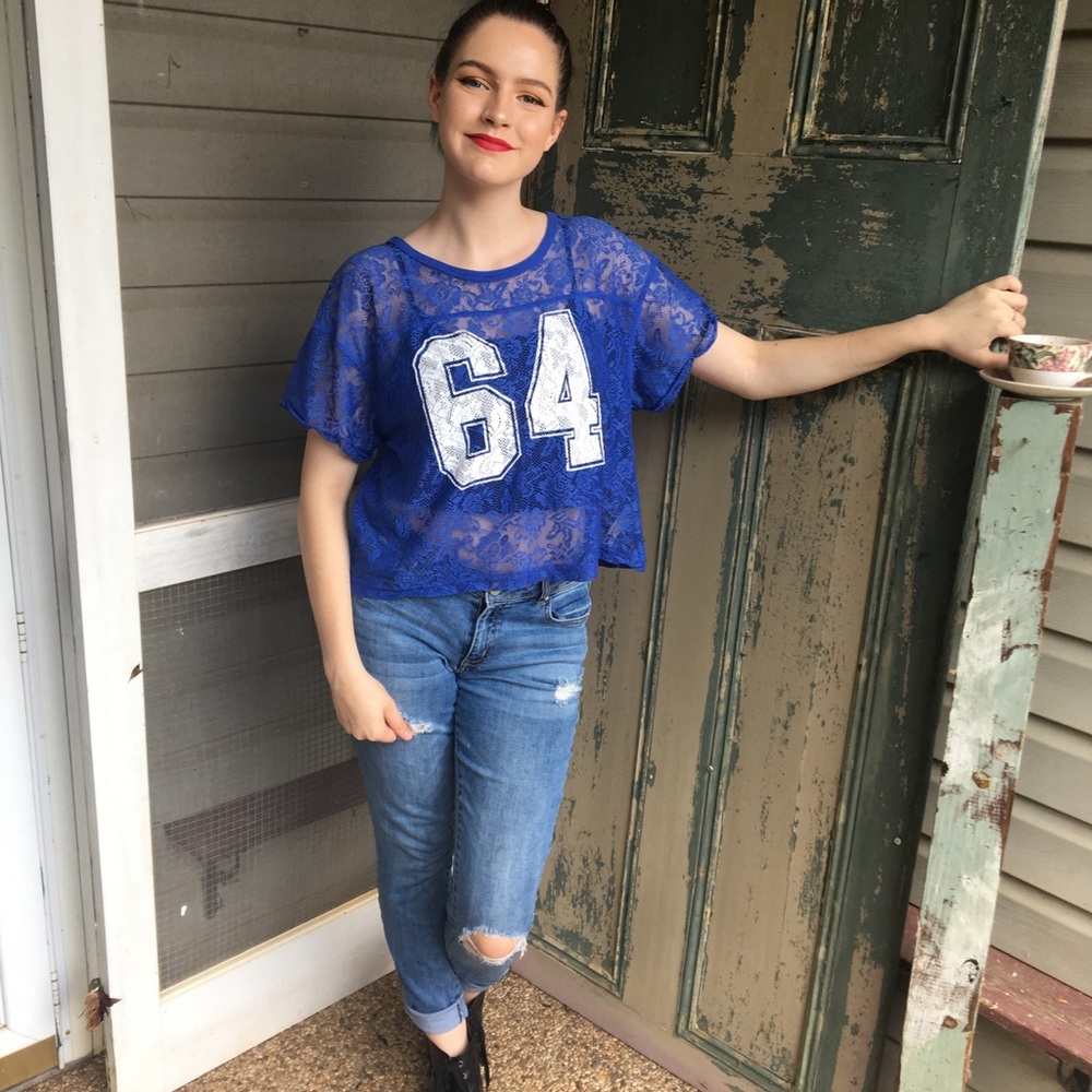 Royal Blue Floral Mesh 64 Cropped Jersey